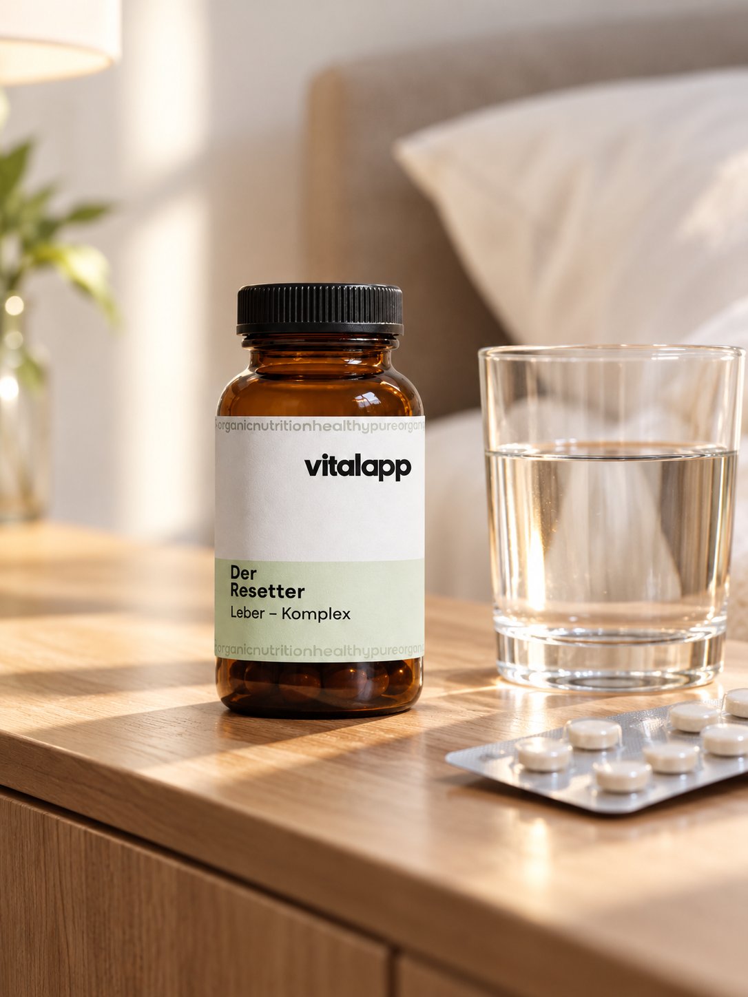 Morgens: Glas Wasser und Tablettenblister auf dem Nachttisch, ruhiges Licht